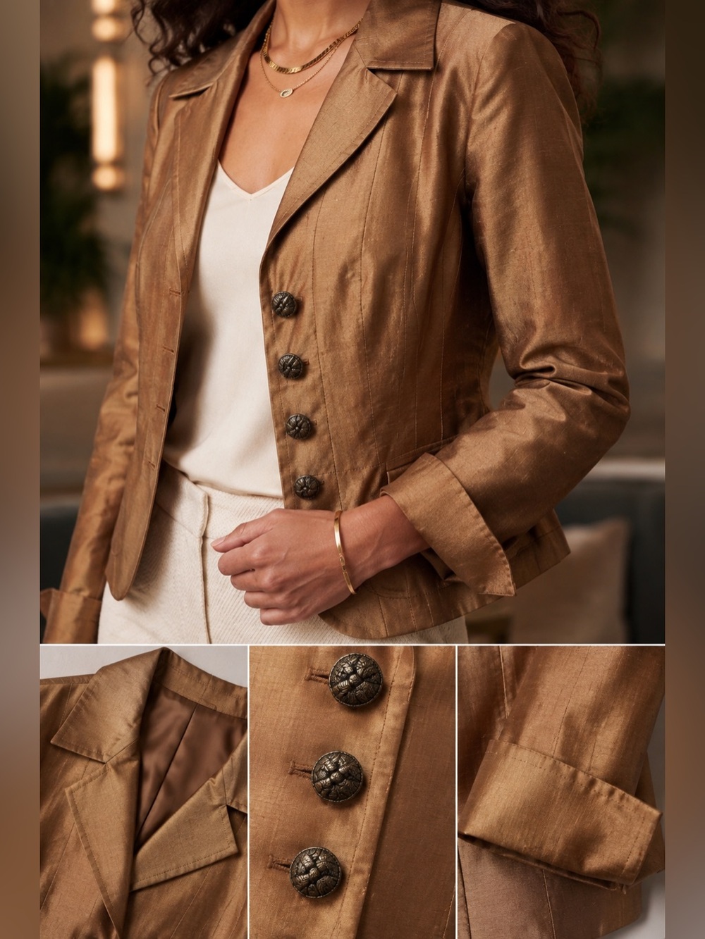 Town & Travel EUC vintage Bronze
100% Silk Peplum Jacket -
18 1/2” PTP size 8/10